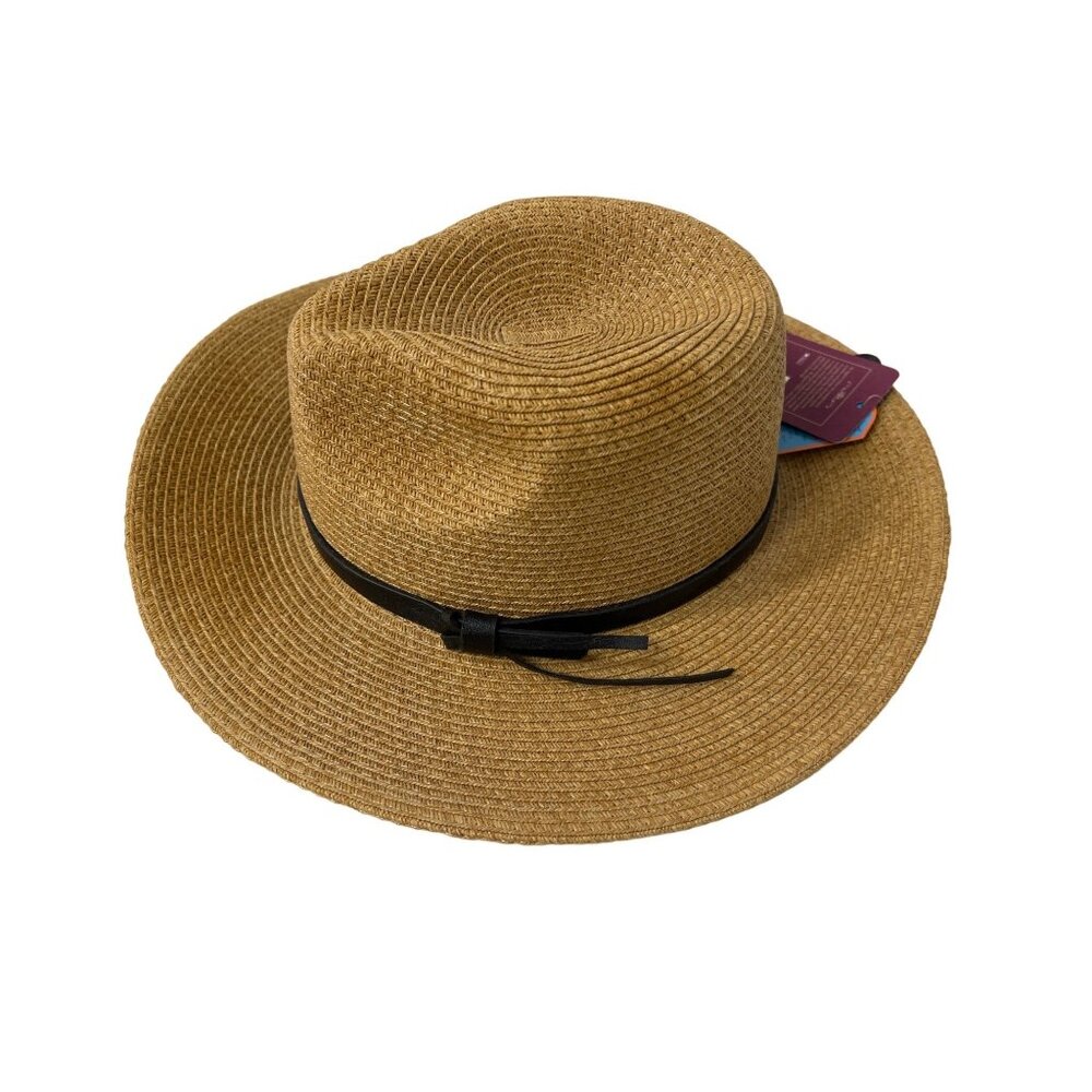 Tan Paper Straw Hat W/ Black Ribbon Trim Adjustable Fit Angela & William One Siz